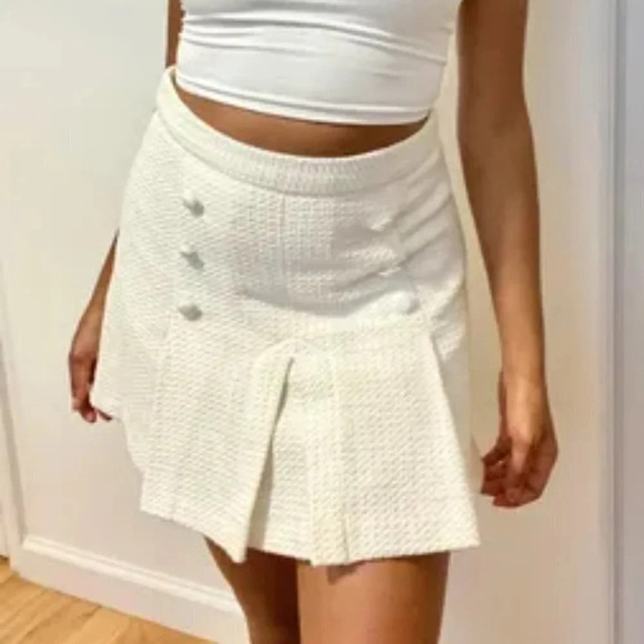 Zara Tweed 1960's Style Pleated Double Button Mini  Skirt White Sz Small - Picture 1 of 6